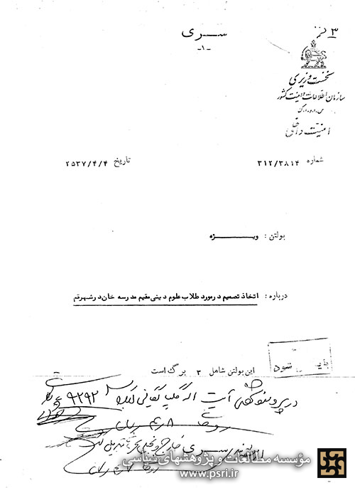 نظرخواهی ساواک از آیات شریعتمداری و گلپایگانی در مورد تعطیل نمودن مدرسه خان در قم