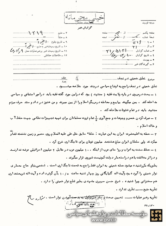 گزارش ساواک از جلسه درس امام خمینی در نجف