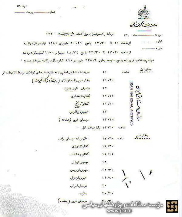 برنامه رادیو تهران در پنجم اردیبهشت 1320