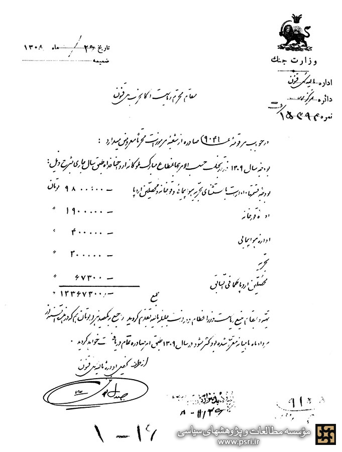 بودجه وزارت جنگ در سال ۱۳۰۹