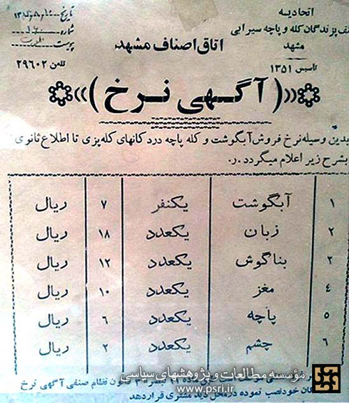 نرخ کله و پاچه در تهران قدیم