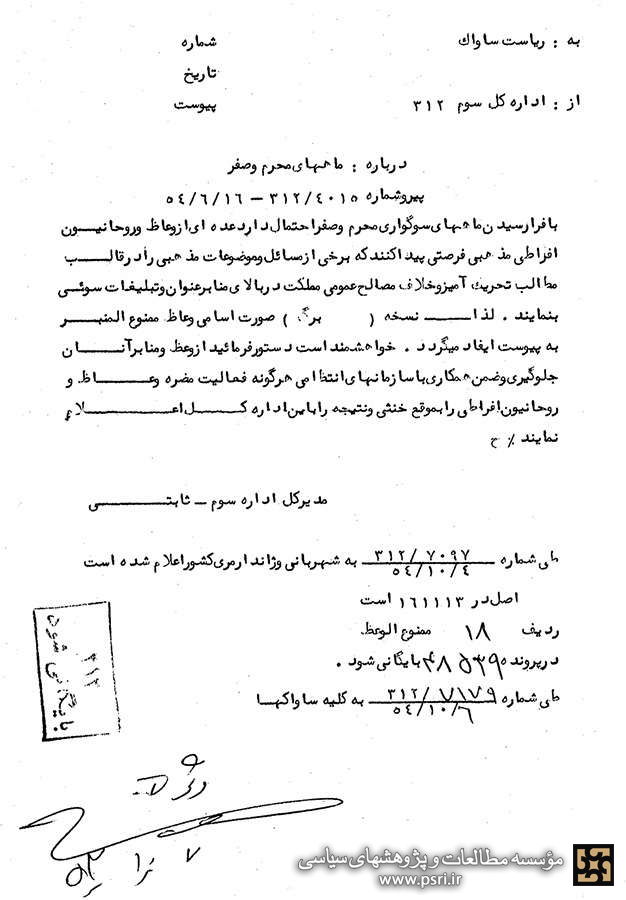 دستورالعمل ساواک برای ماه‌‎های محرم و صفر