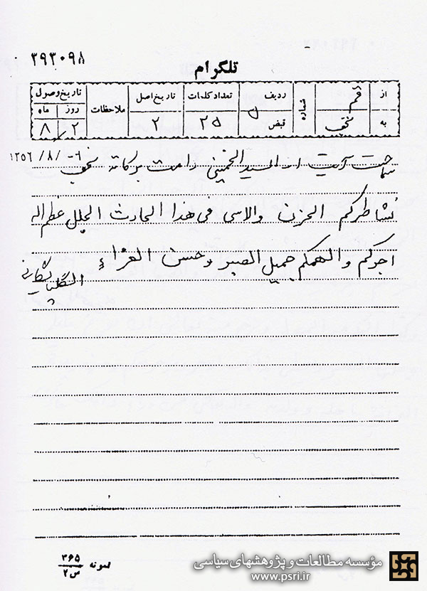 تلگراف تسلیت مراجع قم به امام خمینی به مناسبت رحلت حاج‌آقامصطفی خمینی