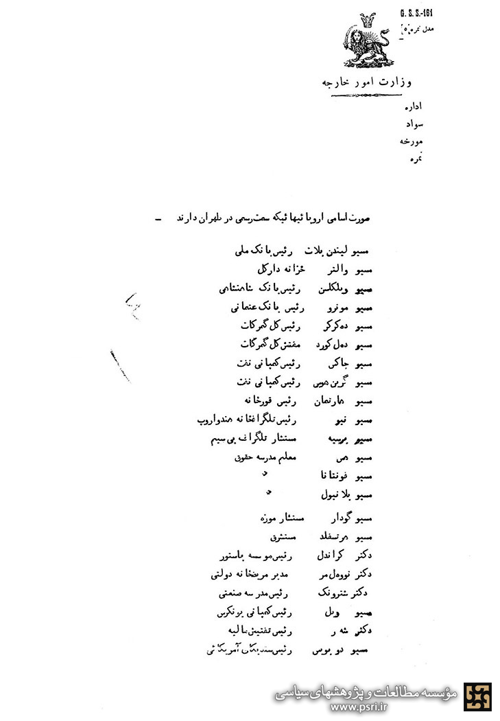اسامی اروپایی‎هایی که سال 1307 در تهران مقام رسمی داشتند
