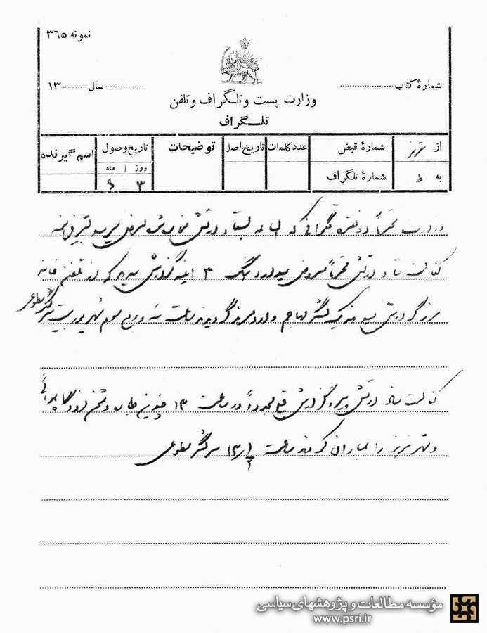 تلگراف از شمال و جنوب ایران درباره حمله نیروهای متفقین به کشور