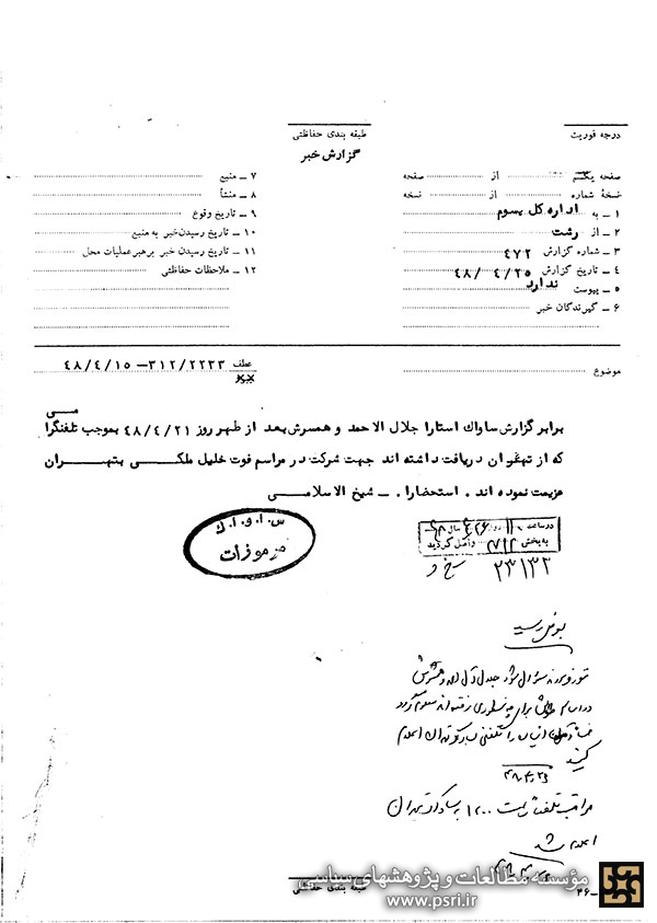 عزیمت جلال آل احمد و همسرش به تهران برای شرکت در مراسم درگذشت خلیل ملکی