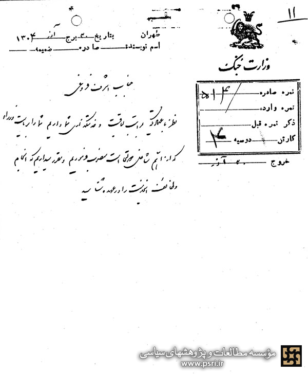  نامه رضاشاه به فروغی 